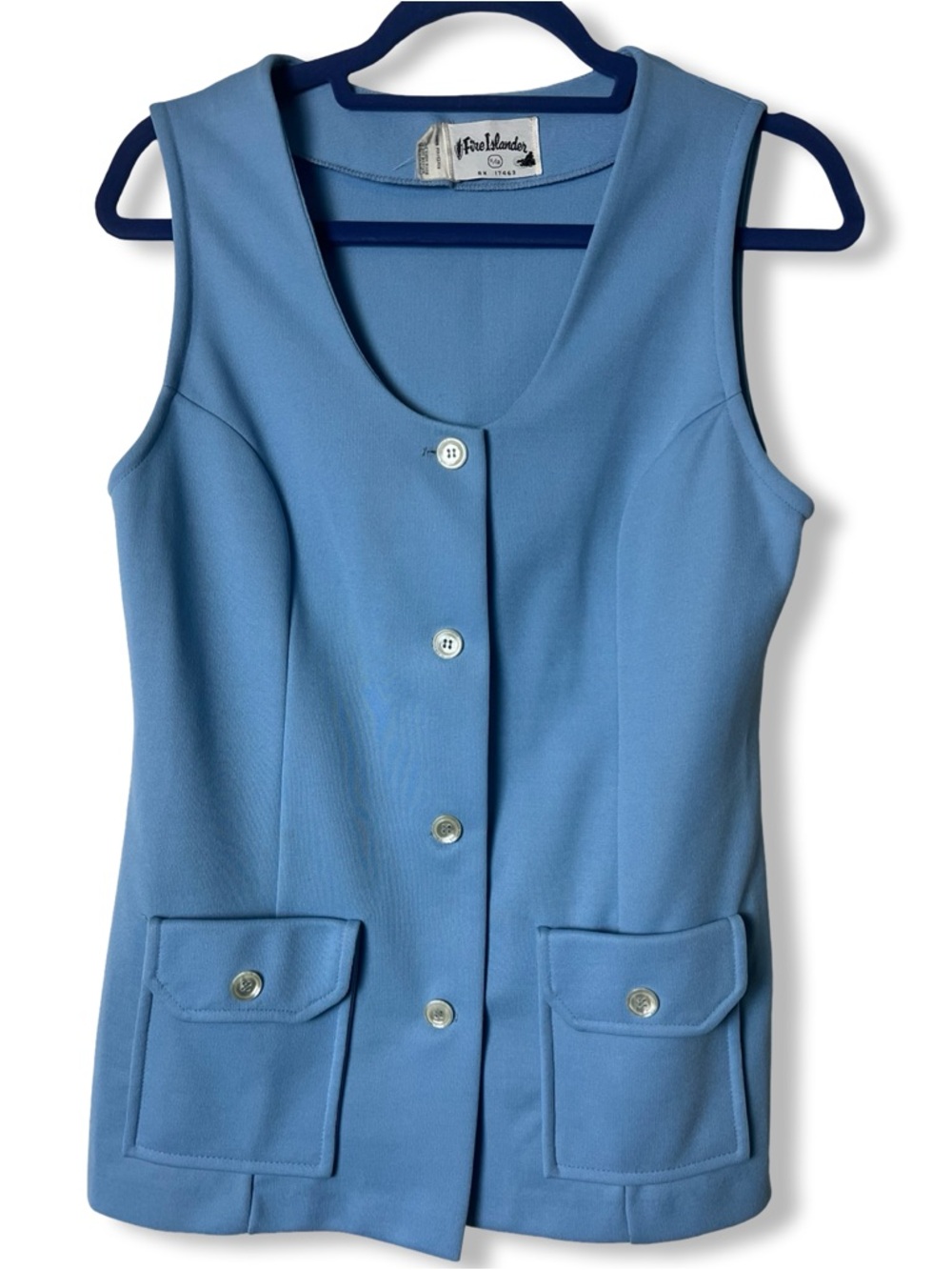 VTG 70s Fire Islander Baby Blue Polyester Knit Button Vest‎ Flap Pockets Sz M
